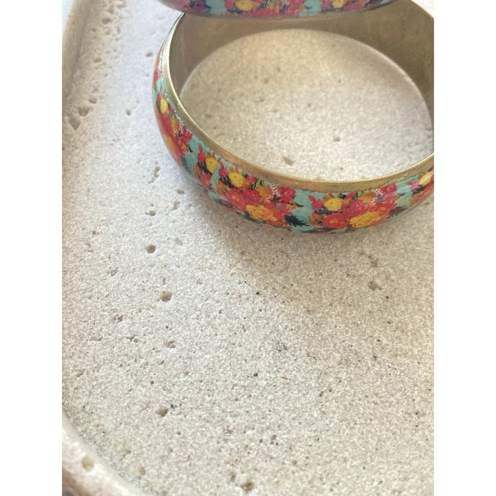 Floral Bangle Bracelet‎ Set Of 2 Wide Gold Tone Turquoise Color Cottagecore